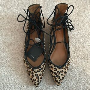 ZARA Ballerina Cheetah Leopard Flats Pointed Toe Shoes Calf Hair Size 37 6.5 US